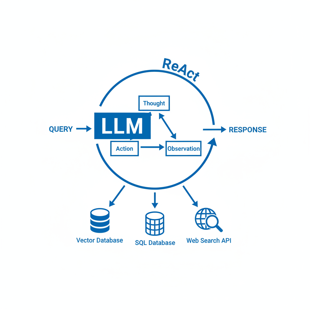 A detailed architecture diagram showing the cyclic workflow of an Agentic RAG system. The diagram should illustrate the user query entering the LLM Orchestrator, which then enters a ReAct loop (Thought, Action, Observation). Arrows should point from the Action phase to various tools: Vector Database, SQL Database, and Web Search API. Arrows should cycle back from the tools to the Observation phase, looping until the final response is generated and sent to the user.