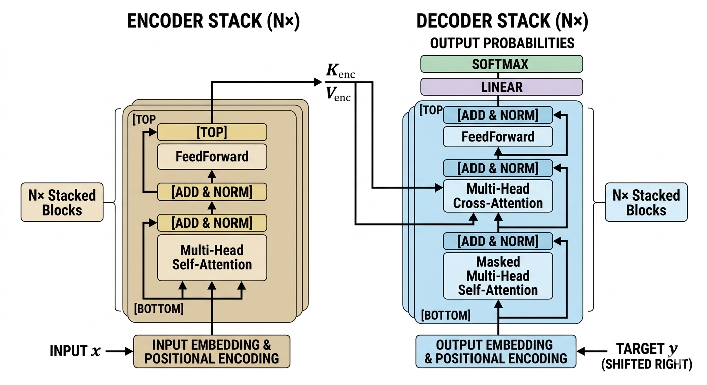 Detailed architecture diagram of the Transformer model, illustrating the Encoder block on the left and Decoder block on the right, highlighting the flow of inputs through Positional Encoding, Multi-Head Attention, Add & Norm, and Feed Forward layers.
